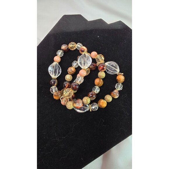 Chunky Silver Tone Glass & Turquoise Colored Chip Stretch Bracelet Bundle Boho - Picture 3 of 3